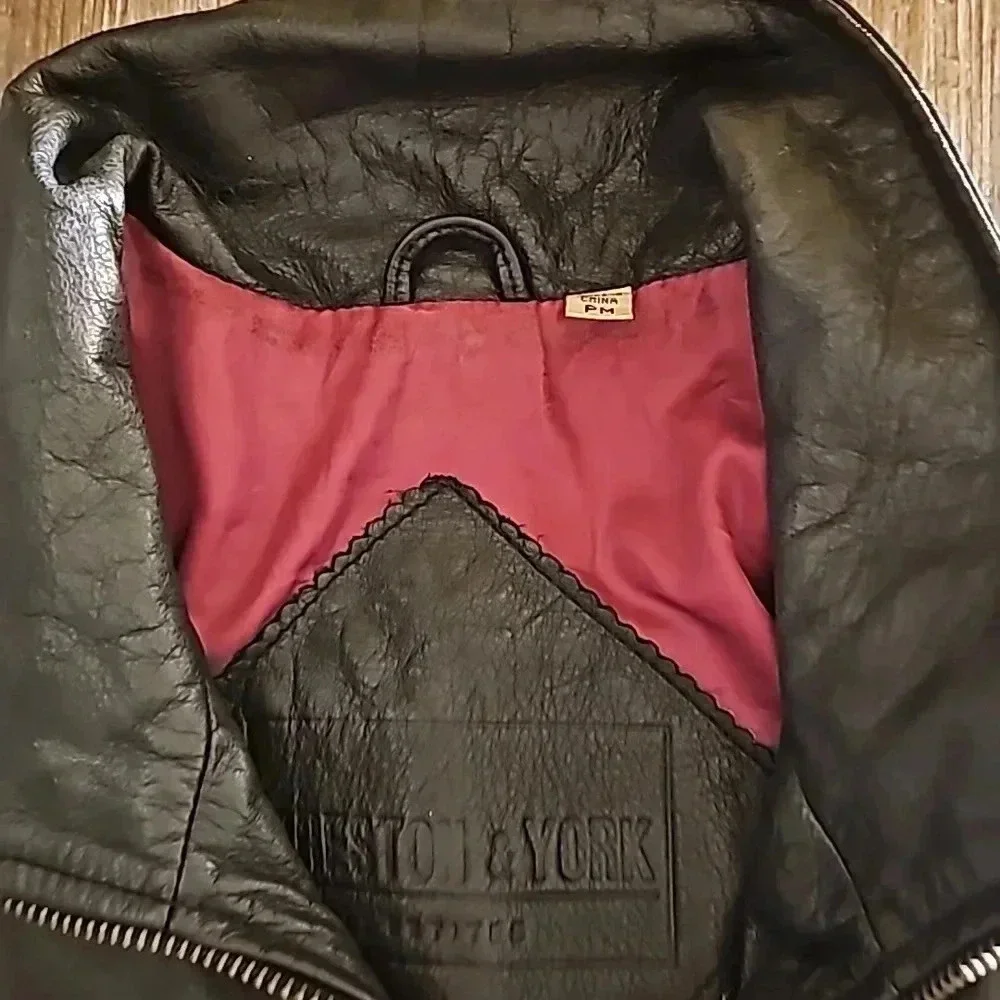 Womens Preston & York Black Leather Trench Moto Jacket Sz Petite Medium - Picture 2 of 7